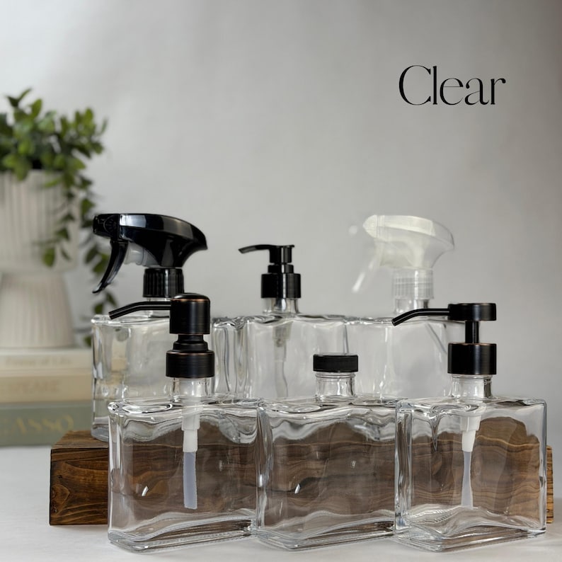 Dispensador de jabón de vidrio reciclado Urban Square / Recargable de 250 ml / Bombas metálicas de diseño / Jabón de manos, jabón para platos / Decoración minimalista Clear