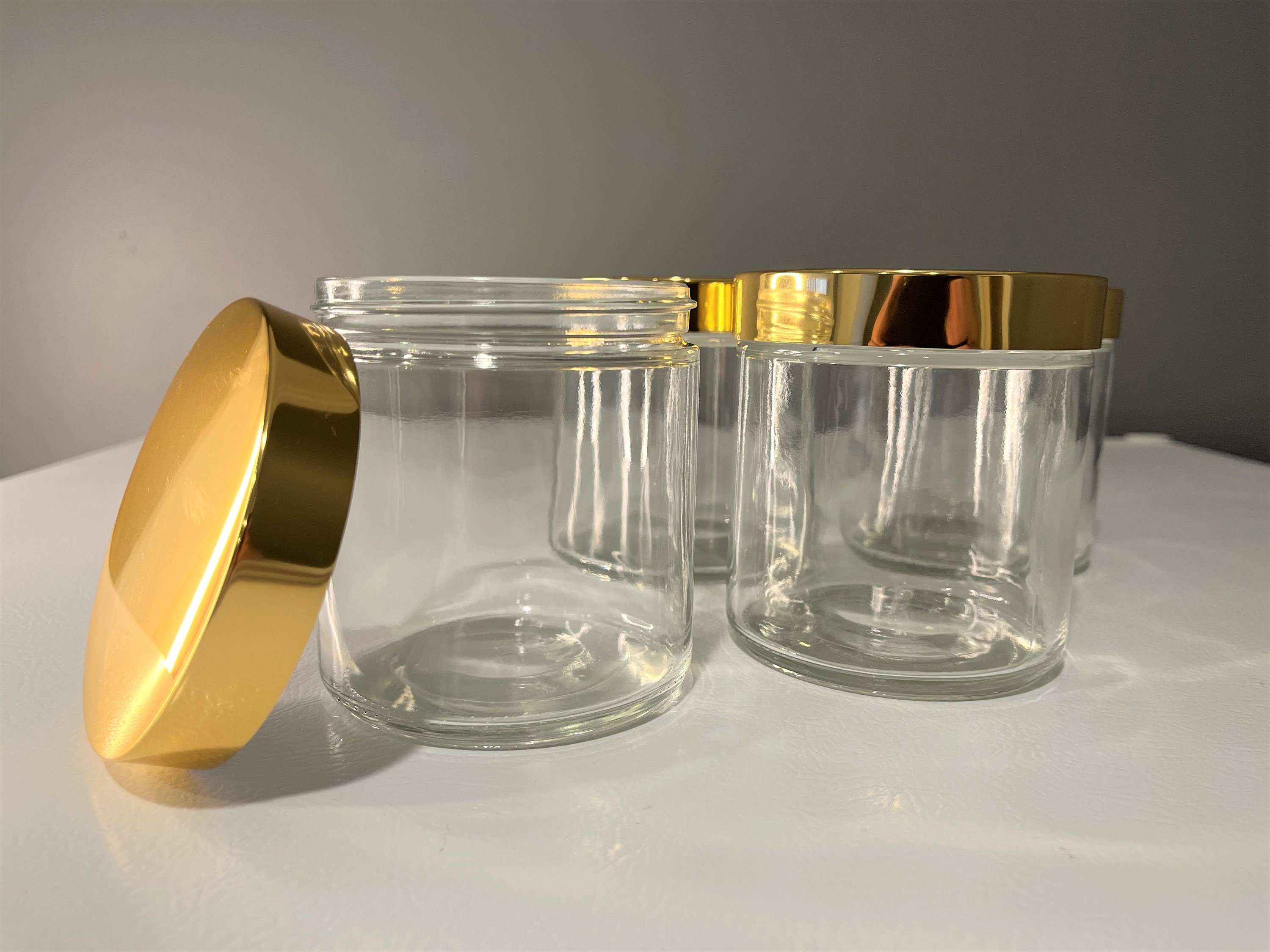 Clear Straight-Sided Glass Jars - 16 oz, Gold Metal Cap - ULINE - Case of 12 - S-17984M-GLD