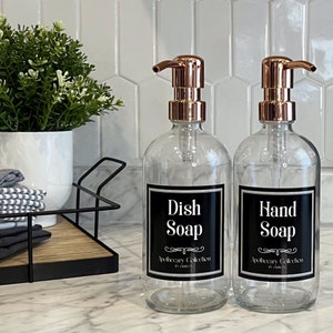 Clear Glass Soap Dispenser with Waterproof Label | Apothecary Collection | Dish Soap Hand Soap or Set | Refillable | Minimalist Decor
