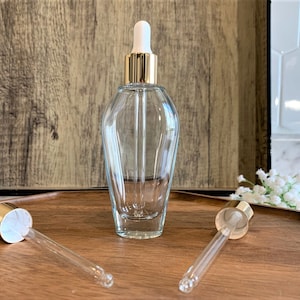 1.7 oz. Tear Drop Clear Glass Bottle with Gold Glass Dropper | Perfect for your essential oils & skin care products | Perfume Bottle