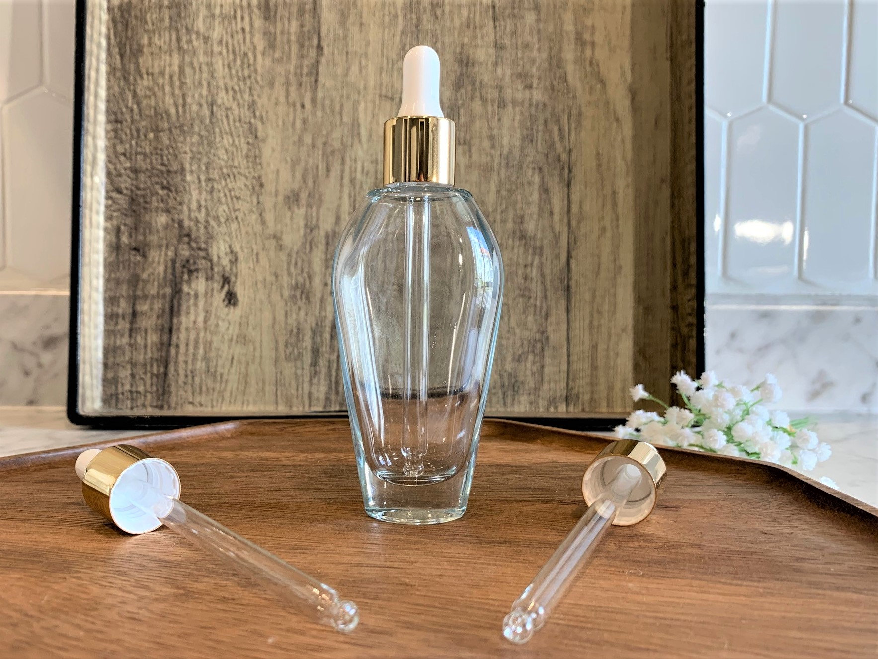1.7 oz. Tear Drop Clear Glass Bottle with Gold Glass Dropper | Perfect for your essential oils & skin care products | Perfume Bottle