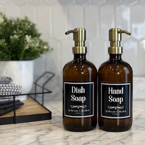 Amber Glass Soap Dispenser with Waterproof Label | Apothecary Collection | Dish Soap Hand Soap or Set | Refillable | Minimalist Decor