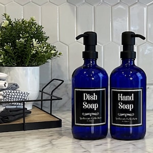 Kobaltblauer Glas-Seifenspender mit wasserdichtem Etikett | Apothekensammlung | Spülmittel Handseife oder Set | Wiederbefüllbar
