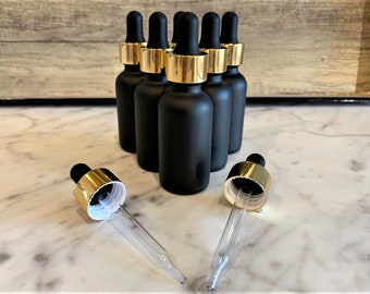 1 oz. (30 ML) Black Matte Boston Round Glass Bottle with Gold Glass Dropper | Black Top | Great for serums | Essential Oils | Face Oils