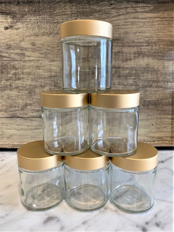 12 Square Clear Glass Bottles Containers Jars 4oz with Gold Metal Lids and  Shaker Tops Empty