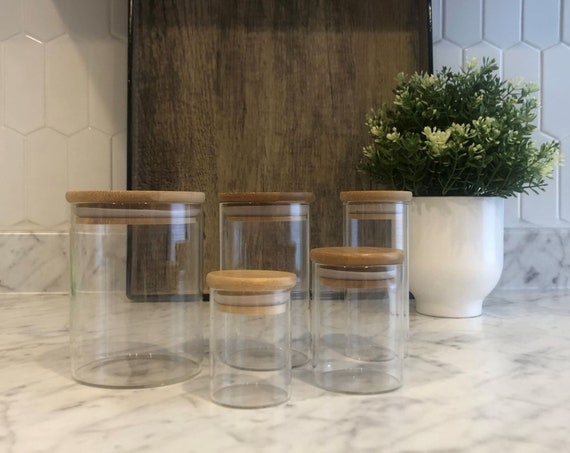 Spice Jars of Sparkling Heavy Glass With Carved Bamboo Lid