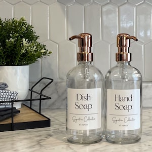 Clear Glass Soap Dispenser with Waterproof Label | Signature Collection | Dish Soap Hand Soap or Set | Refillable | Minimalist Design