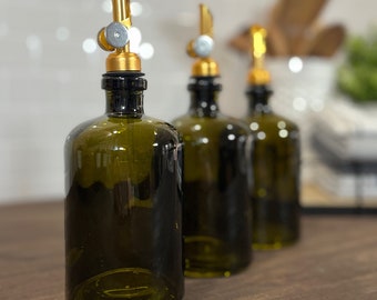 16-ounce Apothecary Vintage Green Glass Bottle with Weighted Pour Spouts | Custom Labels | Perfect for Oils and Vinegars | Minimalist Decor