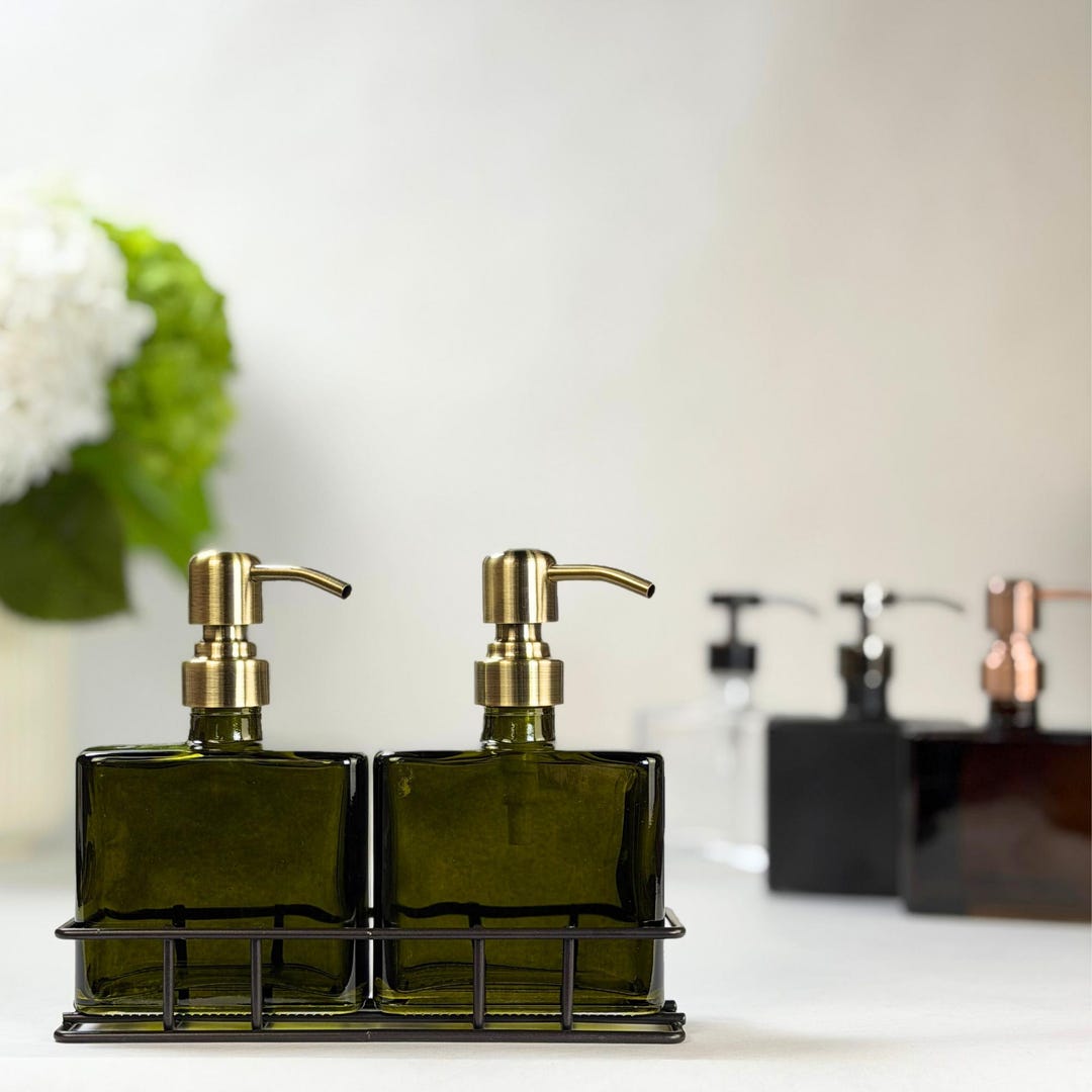 Urban Square Recycled Glass Dispenser Set | 8.5-ounce - Amber, SohoStainlessSteel