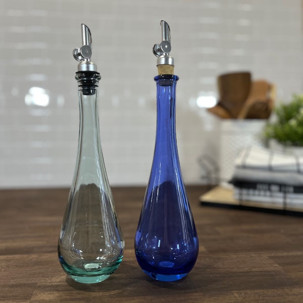 Raindrop Clear or Blue 11.8oz Recycled Glass with Weighted Spout | Perfect for your Premium Oils or Vinegars | Kitchen Decor | Minimalist