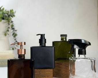 Urban Square Recycled Glass Soap Dispenser | 8.5oz Refillable | Designer Metal Pumps | Hand Soap, Dish Soap | Minimalist Decor