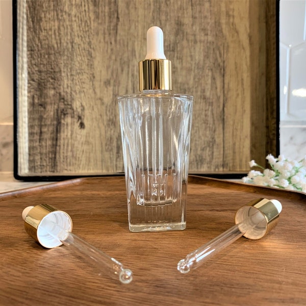 1.7 oz. Vintage Clear Glass Bottle with Gold Glass Dropper | Perfect for your essential oils & skin care products | Perfume Bottle