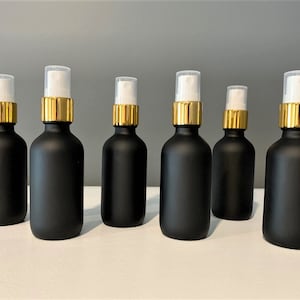 2 oz. (60 ML) Black Matte Boston Round Glass Bottle with Gold Fine Mist Sprayer | Great for serums | Essential Oils | Face Oils | Perfumes
