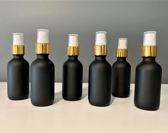 2 oz. (60 ML) Black Matte Boston Round Glass Bottle with Gold Fine Mist Sprayer | Great for serums | Essential Oils | Face Oils | Perfumes
