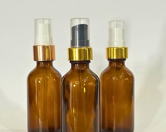 2 oz. (60 ML) Amber Boston Round Glass Bottle with Treatment / Serum Pump | Gold/Black Top | Gold/White Top | Rose Gold/White