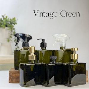 Dispensador de jabón de vidrio reciclado Urban Square / Recargable de 250 ml / Bombas metálicas de diseño / Jabón de manos, jabón para platos / Decoración minimalista Vintage Green