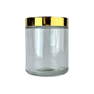 Pote de vidro transparente de 473 ml (16 oz) com laterais retas e lindas tampas douradas / Perfeito para esfoliantes, sais de banho, cosméticos, cremes, loções ou velas artesanais.