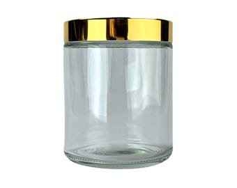 16 oz. CLEAR GLASS Jar Straight Sided with beautiful Gold Lids / Perfect for scrubs, salt baths, cosmetics, creams, lotion or DIY candles