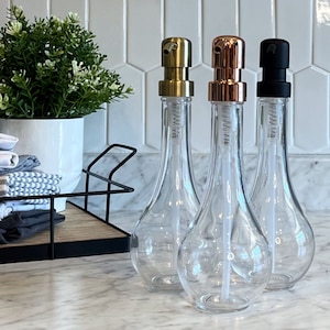 Raindrop Recycled Glass Soap Dispenser | 8oz Refillable | Clear Glass Bottle | Designer Metal Pumps | Hand Soap, Dish Soap