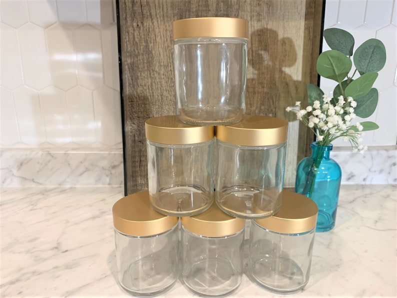 8 oz. Clear Glass Jar Straight Sided with Brushed Gold Lid Perfect for your beauty products. Add a touch of elegance to your products image 2