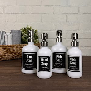 White Matte Glass Soap Dispenser with Waterproof Label | Apothecary Collection | Dish Soap Hand Soap or Set | Refillable | Minimalist Design
