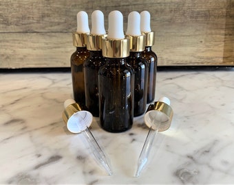 1 oz. (30 ML) Amber Boston Round Glass Bottle with Gold Glass Dropper | White Top | Great for serums | Essential Oils | Face Oils