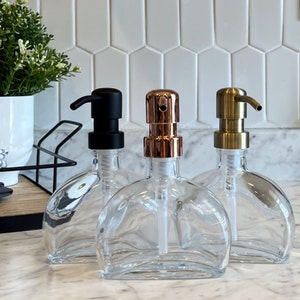 Half Moon Recycled Glass Soap Dispenser | 6oz Refillable | Clear Glass Bottle | Designer Metal Pumps | Hand Soap, Dish Soap