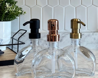 Half Moon Recycled Glass Soap Dispenser | 6oz Refillable | Clear Glass Bottle | Designer Metal Pumps | Hand Soap, Dish Soap