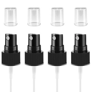 Könnte beinhalten: Vier schwarze Sprühflaschenaufsätze mit feiner Sprühfunktion, klaren Plastikkappen und langen, durchsichtigen Röhrchen.