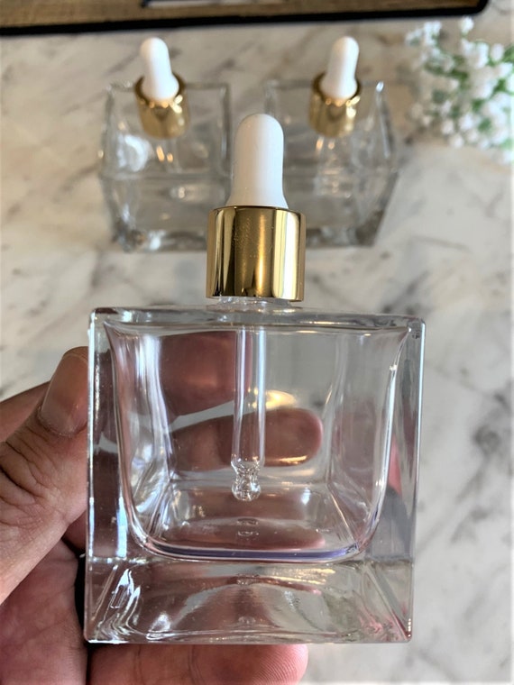 3.4 Oz. Deluxe Cube Clear Glass Bottle With Gold Glass Dropper Square Dropper  Bottle perfect for Your Essential Oils & Skin Care Products 
