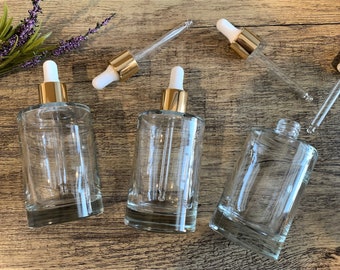 3.4 oz. Deluxe Cylinder Clear Glass Bottle with Gold Glass Dropper | Perfect for your essential oils & skin care products