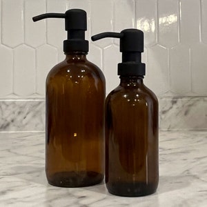 Amber Glass Soap Dispenser | Refillable | Designer Metal Soap Pump | Kitchen Decor | Minimalist Decor