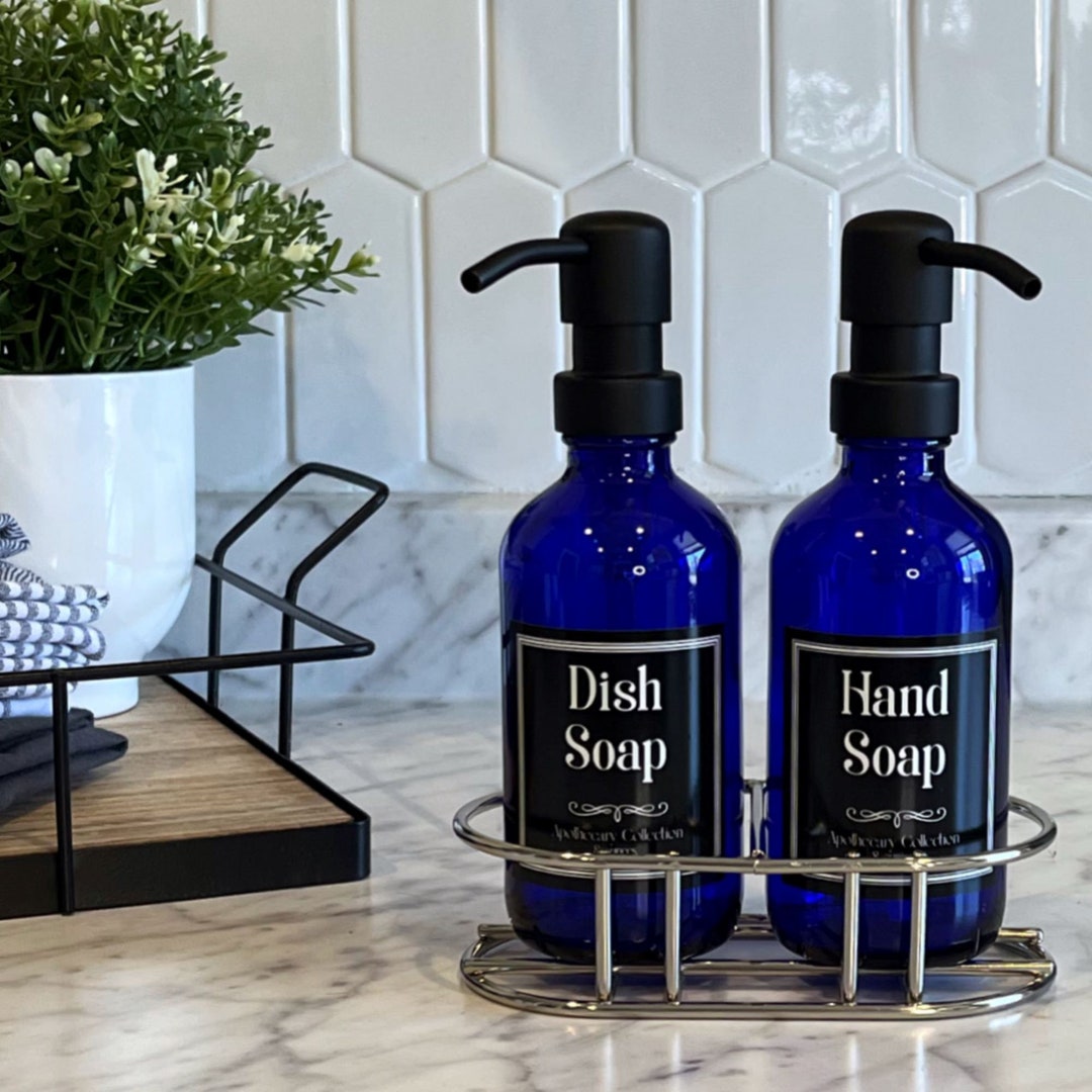 8oz Cobalt Blue Glass Soap Dispenser Tray Set Apothecary Collection