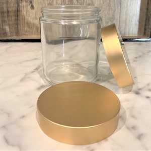 8 oz. Clear Glass Jar Straight Sided with Brushed Gold Lid Perfect for your beauty products. Add a touch of elegance to your products image 3