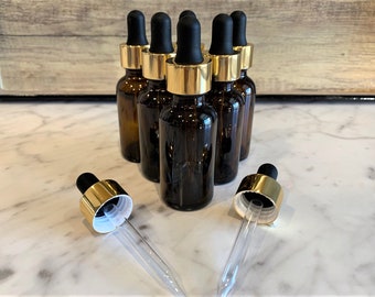 1 oz. (30 ML) Amber Boston Round Glass Bottle with Gold Glass Dropper | Black Top | Great for serums | Essential Oils | Face Oils