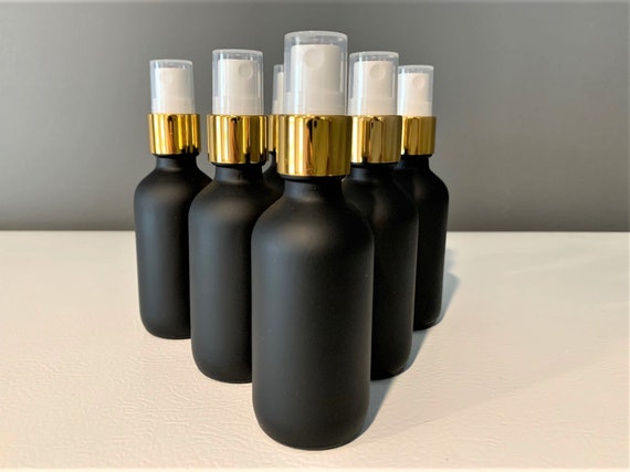 2 once (60 ML) Bottiglia di vetro rotonda Boston trasparente con contagocce in vetro dorato / Parte superiore nera / Ottima per sieri / Oli essenziali / Oli per il viso - Italia