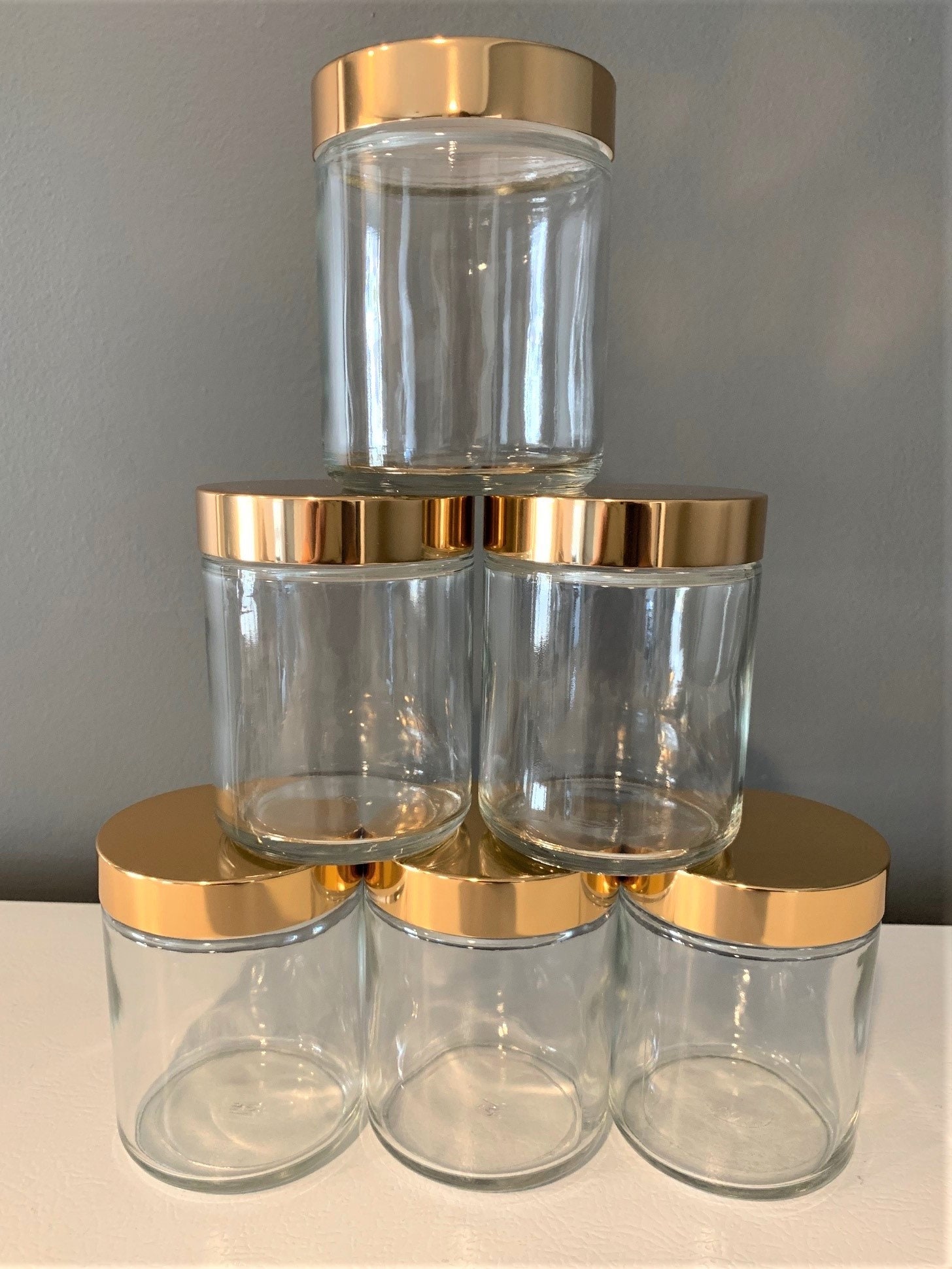 6 oz Clear Straight Sided Glass Jar with Gold Lid