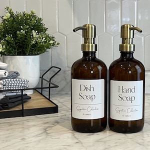Amber Glass Soap Dispenser with Waterproof Label | Signature Collection | Dish Soap Hand Soap or Set | Refillable | Minimalist Design