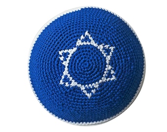 kippah, royal blue, Magen David,  crochet, knit, real handmade