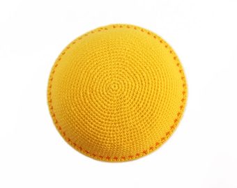 kippah, yellow, orange dots, crochet, knit, real handmade