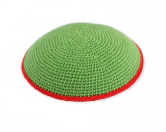 kippah, green, red edge, crochet, knit, handmade