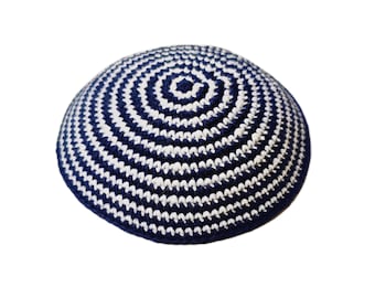 kippah, white, navy blue, alternating stripes, crochet, knit, real handmade