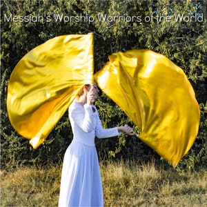 Vibrant Yellow Gold Single Layered Ladies Worship Praise Dance Spin Flags Tabernacles Edition Set of 2 RODS INCLUDED