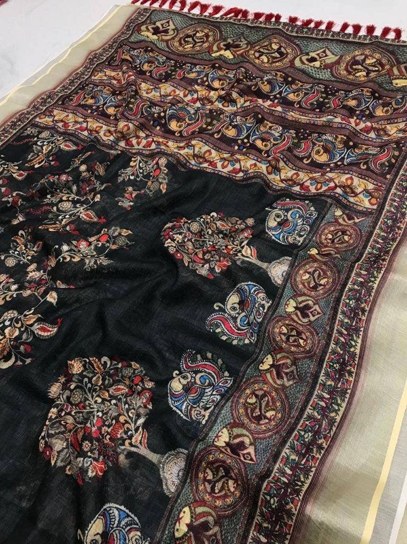 Multicolor soft kalamkari linen saree and blouse for women,wedding saree,indian saree,designer saree,saree dress,traditional saree,saris.