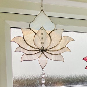 White Lotus Stained Glass Flower with crystal teardrop pendant
