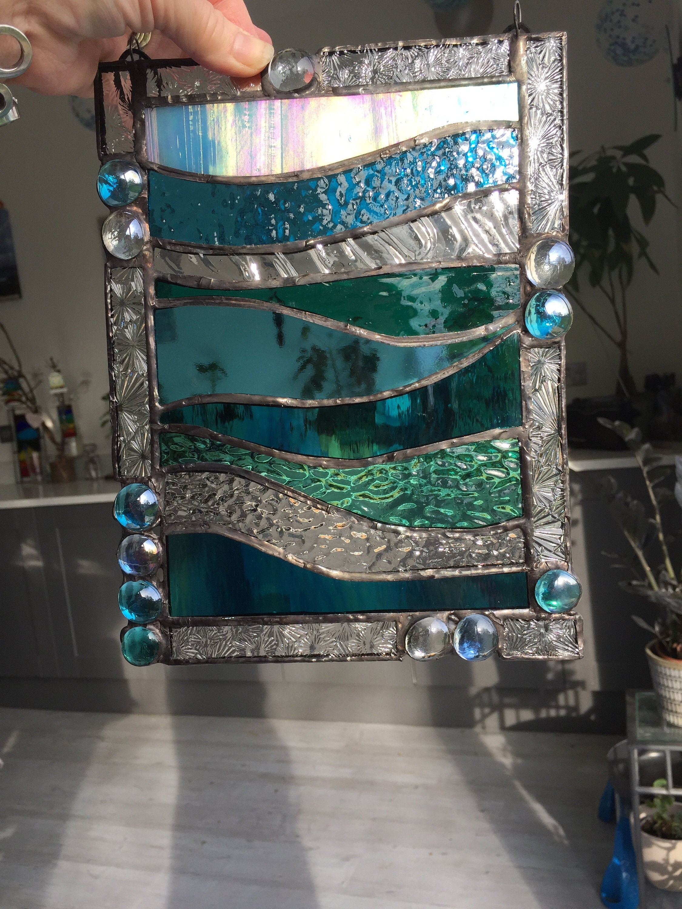 Stained Glass Blue Sea Waves Art Panel With Glass Stones - Etsy