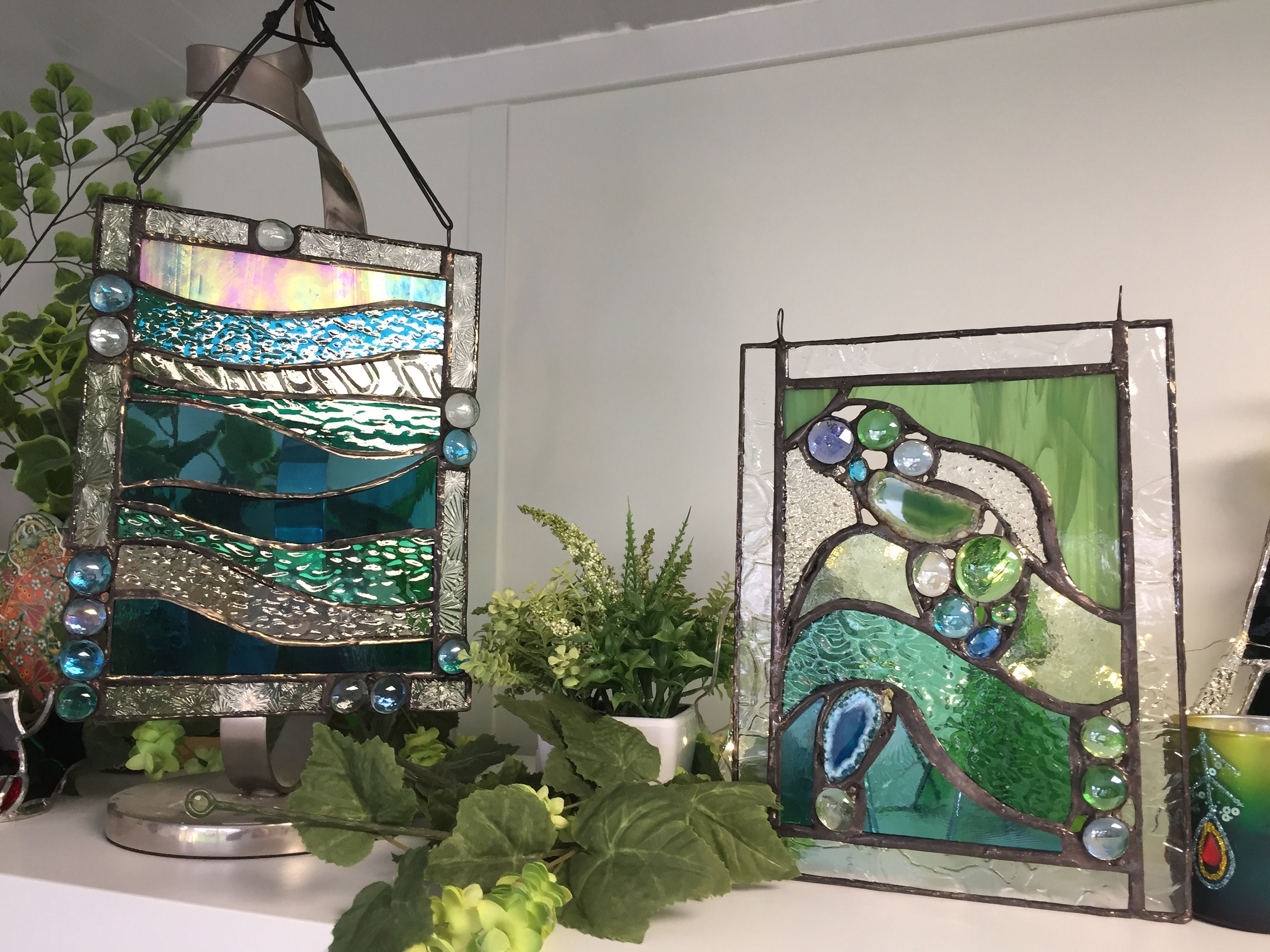 Stained Glass Blue Sea Waves Art Panel With Glass Stones - Etsy