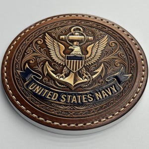 Puede incluir: Un artículo redondo de cuero marrón con un diseño en relieve detallado. El centro presenta un emblema de ancla, águila y escudo dorado con el texto "UNITED STATES NAVY" en azul. El borde tiene un borde cosido.