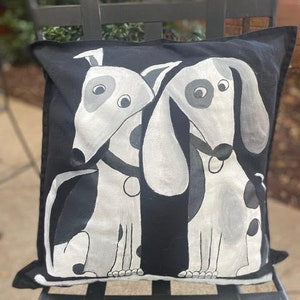 Handpainted Black & White Dogs Pillow Cover: Whimsical Long and Short Ear Dogs