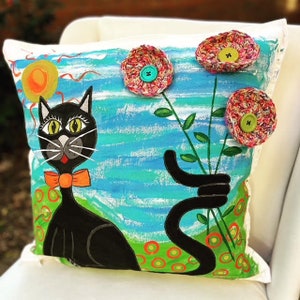 Black Cat Pillow Cover with 3D Flowers: Handpainted Whimsical Decor